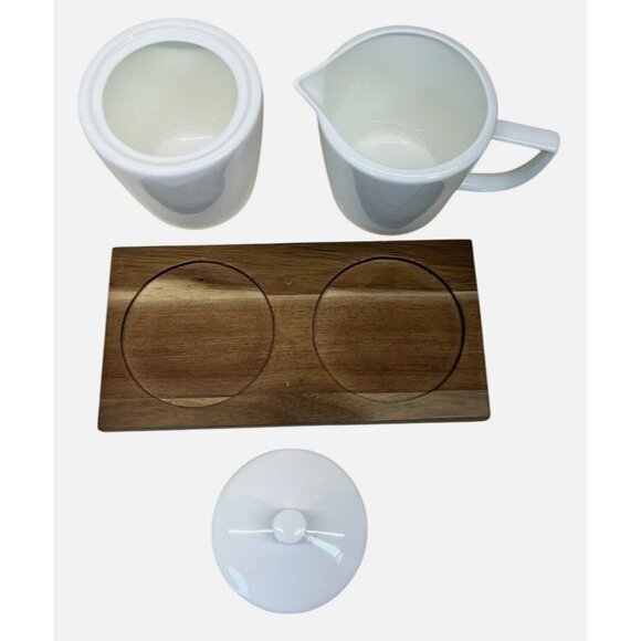 Ciroa Simplus White Creamer Sugar Bowl with Lid Wood Wooden Tray - Picture 5 of 9